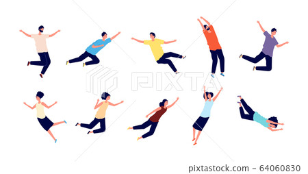 Flying people. Falling woman man. Dreams of persons, fly in air space. Floating pose, imagination and creativity character flight vector set 64060830