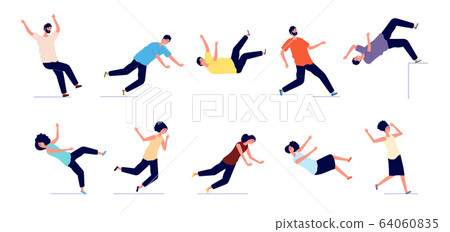 Falling man. People fall from stairs, slip and stumble. Safety persons, dangerous trauma. Young women men accidents vector illustration 64060835