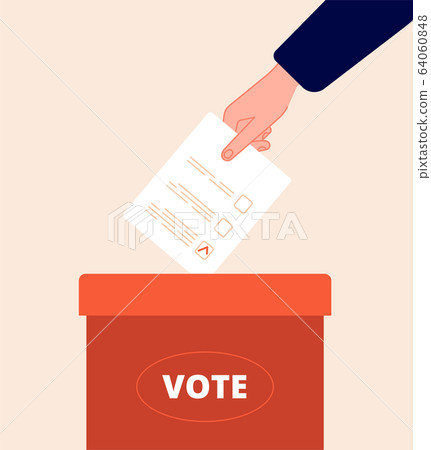 Voting box. Vote day, election packaging. Hand holds ballot. Politics opinion, voter survey. Flat balloting paper choice vector illustration 64060848