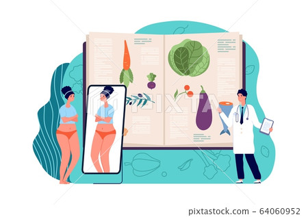 Diet concept. Weight loss with doctor, medical nutrition. Obesity depression, sad overweight woman. Healthy lifestyle vector illustration 64060952