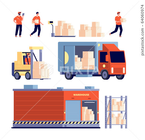 Warehouse. Isolated delivery truck stock unloading, transport. Cargo transportation. Logistic service elements. Service worker vector set 64060974