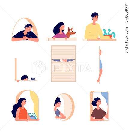 Peeping people. Girl boy secret spying. People and animal hiding in window. Curiosity person and pets. Isolated spy looking out vector set Peeping people. Girl boy secret spying. People and animal hiding in window. Curiosity person and pets. Isolated spy looking out vector set 64060977