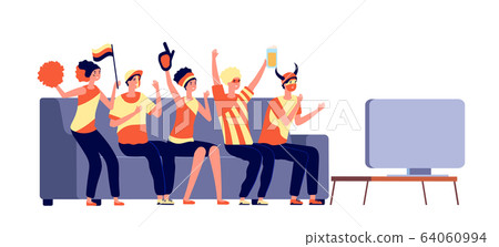 Sport tv fans. People soccer watching. Friends celebrates win match, and cheering. Football supporters with flag beer vector illustration Sport tv fans. People soccer watching. Friends celebrates win match, and cheering. Football supporters with flag beer vector illustration 64060994