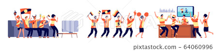 Football fans. Watch soccer, sport game match watching. Friends in beer bar, people at home support team with flags vector illustration 64060996