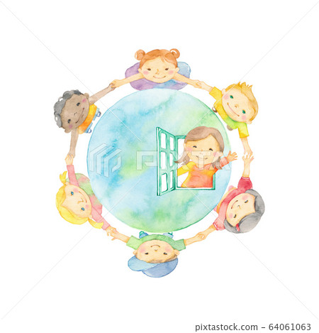 Children holding hands and earth, window Children holding hands and earth, window 64061063