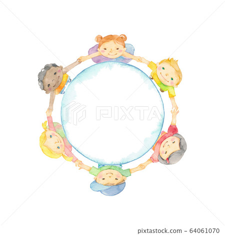 Children holding hands, blue wheel 64061070