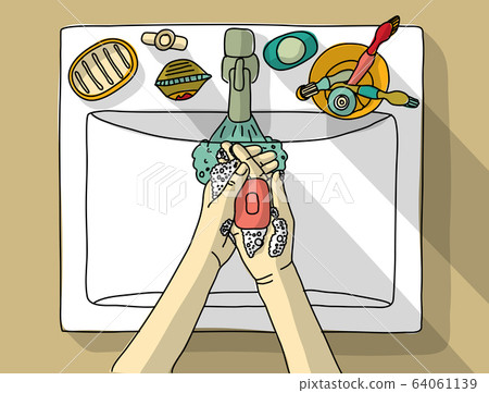 Hand washing soap sink water top view 64061139