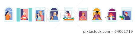 Stay at home, COVID-19 pandemic concept design. House facade with open windows. Different types of Stay at home, COVID-19 pandemic concept design. House facade with open windows. Different types of 64061719