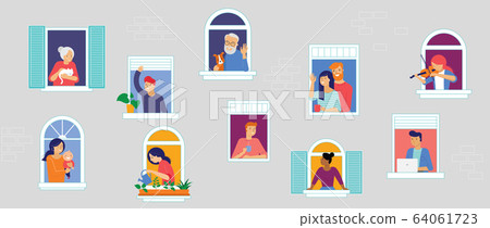Stay at home, concept design. Different types of people, family, neighbors in their own houses. Self Stay at home, concept design. Different types of people, family, neighbors in their own houses. Self 64061723