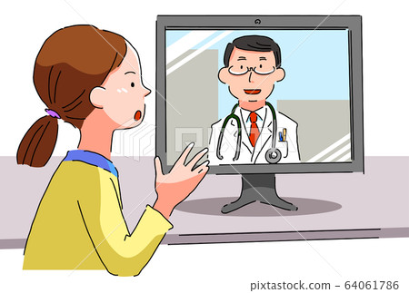 接受在線醫療的年輕女人(在談話期間) 接受在線醫療的年輕女人(在談話期間) 64061786