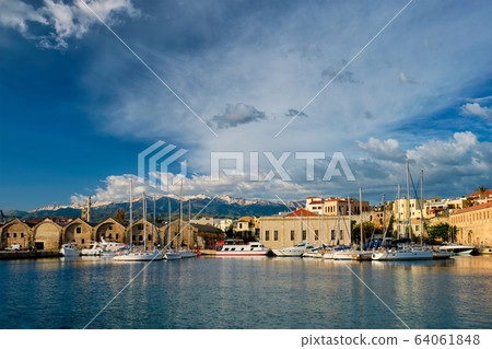 Yachts and boats in picturesque old port of Chania, Crete island. Greece 64061848