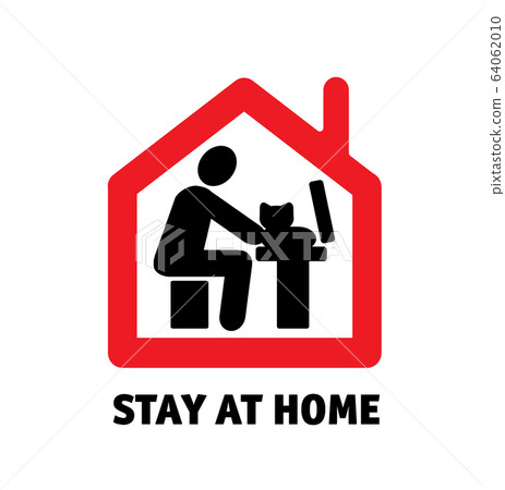 Stay home remote work computer with cat icon sign Stay home remote work computer with cat icon sign 64062010