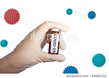 Sample blood test of Coronavirus (Covid-19) in hand with white glove. Coronavirus Covid 19 blood sample in sample biohazard protection on white background with coronavirus samples 64062192