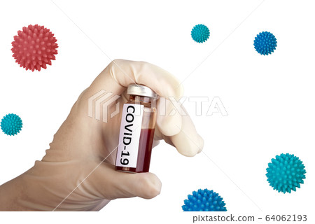 Sample blood test of Coronavirus (Covid-19) in hand with white glove. Coronavirus Covid 19 blood sample in sample biohazard protection on white background with coronavirus samples Sample blood test of Coronavirus (Covid-19) in hand with white glove. Coronavirus Covid 19 blood sample in sample biohazard protection on white background with coronavirus samples 64062193