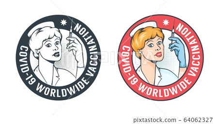 Nurse with syringe - retro vaccination logo 64062327
