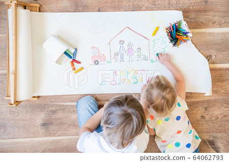 Kids drawing family wearing face masks - covid concept, stay home and stay safe 64062793