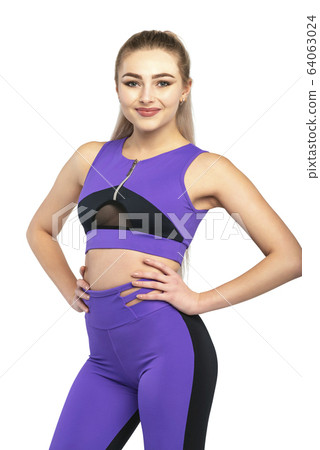 Sporty slim fitness woman. Healthy woman body curve with sport wear on white background. 64063024