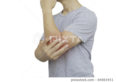 Man suffering from elbow pain isolated in clipping path coronavirus symptom. Man suffering from elbow pain isolated in clipping path coronavirus symptom. 64063451