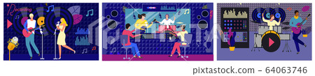 People record studio music vector illustration, cartoon adult musician recording, listening audio sound in control room landing page set People record studio music vector illustration, cartoon adult musician recording, listening audio sound in control room landing page set 64063746