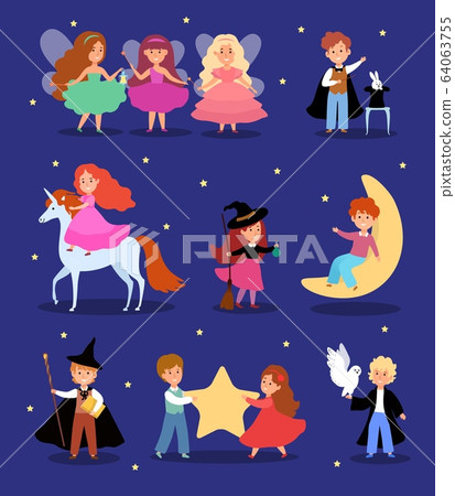 Magic kid in fairytale costume vector illustration, cartoon cute magician child character, flat fantasy magical children set 64063755