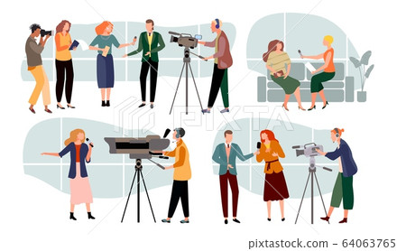 Journalist interviews vector illustration, cartoon news presenters character, people with microphone, mass media set isolated on white Journalist interviews vector illustration, cartoon news presenters character, people with microphone, mass media set isolated on white 64063765