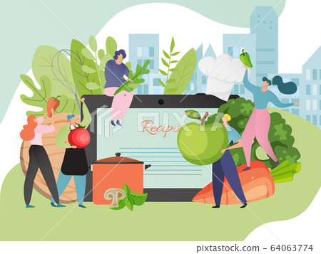 Cooking healthy recipe vector illustration. People cartoon characters cook food from organic ingredients. Meal preparation with cookbook. Cooking healthy recipe vector illustration. People cartoon characters cook food from organic ingredients. Meal preparation with cookbook. 64063774