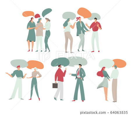 People talk, dialogue, chats, vector illustration with characters and empty speech bubbles isolated on white for business chats, social networks, flat style. 64063835