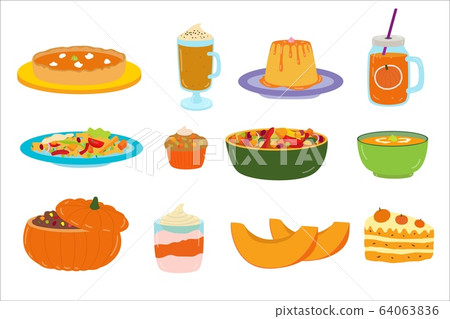 Cartoon pumpkin food, dessert, vector illustration, set of flat stickers isolated on white, delicious pumpkin meal and drinks. Cartoon pumpkin food, dessert, vector illustration, set of flat stickers isolated on white, delicious pumpkin meal and drinks. 64063836