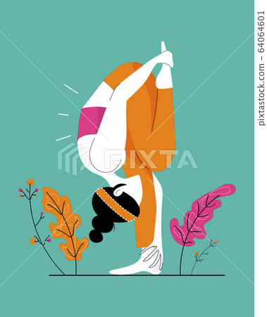 Vector illustration, the concept of meditation, the health benefits for the body, mind and emotions. Young woman sitting in yoga posture and meditating. Girl performing aerobics exercise and morning Vector illustration, the concept of meditation, the health benefits for the body, mind and emotions. Young woman sitting in yoga posture and meditating. Girl performing aerobics exercise and morning 64064601