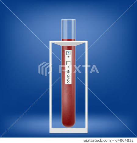 Test Tube with Blood on Blue Background. Stop Pandemic Novel Coronavirus. COVID-19 Virus Test Tube with Blood on Blue Background. Stop Pandemic Novel Coronavirus. COVID-19 Virus 64064832