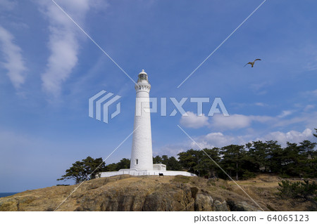 島根藍藍的天空和純白色的日光燈塔和海貓 64065123