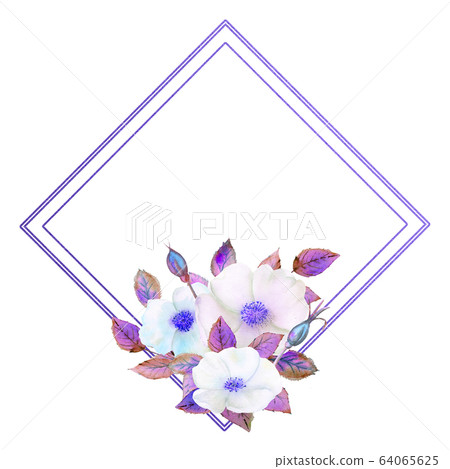 White rosehip flowers, a composition in a geometric blue frame. Floral poster, invitation in purple tones. Watercolor compositions for the decoration of greeting cards or invitations 64065625