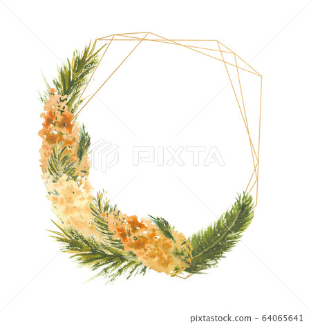 Geometric frame with Mimosa branches on the outer edge on a white isolated background. Watercolor illustration. 64065641