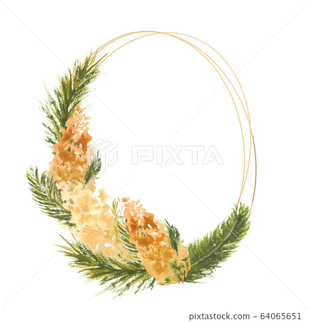 Geometric frame with Mimosa branches on the outer edge on a white isolated background. Watercolor illustration. Geometric frame with Mimosa branches on the outer edge on a white isolated background. Watercolor illustration. 64065651
