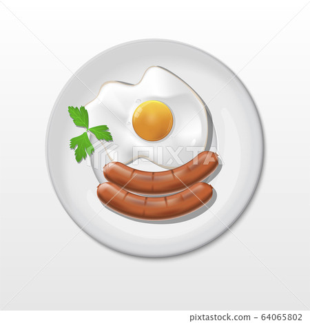 Fried egg and sausages dish on plate 64065802