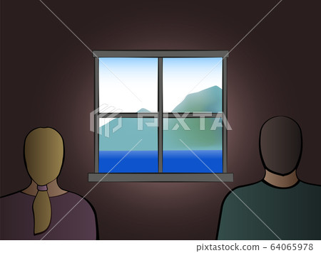 Quarantine at home. Frustrated couple waiting for freedom and looking out of the window. Vector illustration on white background. 64065978