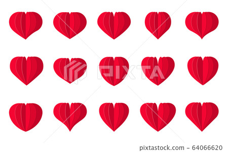 Heart paper cut icon set, 3d effect. Valentines Day, love romantic symbol, decorative element for wedding invitation card. Origami hearts, folded chinese lantern. Isolated on white vector illustration 64066620