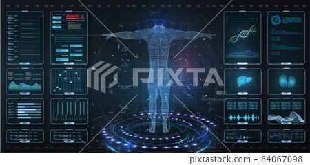 Modern medical examination HUD, UI, GUI style. Human body scan Anatomy, ECG monitor, Dna formula. element medical examination. Display set virtual interface elements. Modern medical examination style 64067098