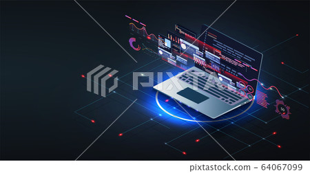 Application of laptop with business graph and analytics data on isometric laptop .Digital money market, investment, finance and trading. Perfect for web design, banner, presentation. Isometric vector 64067099