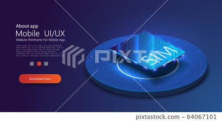 Concept for mobile sim card technology and network. eSIM card chip sign. Embedded SIM concept. New mobile communication technology and processor background circuit board.Invitation with sim for design 64067101