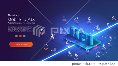 Banner KPI concept with icons. KPI Key Performance Indicators concept web banner with Key aspects of the and icons KPI. Achievement versus planned target. Isometric vector banner 64067122