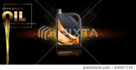 Can of engine oil in splash oil. Engine oil advertisement banner. Vector illustration with realistic motor oil canister on bright background. 64067134