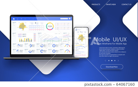 Dashboard, great design for any site purposes. Business infographic template. Vector flat illustration. Big data concept Dashboard user admin panel template design. Analytics admin dashboard.App UI UX 64067160