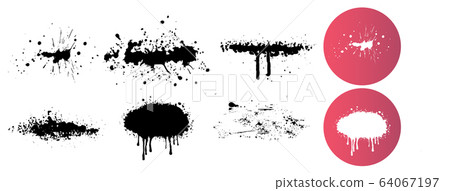 Dripping liquid. Paint dripping. Paint flows. Current paint, stains. Current drops. Set of graffiti spray banner. Vector spray paint shapes with smudges 64067197