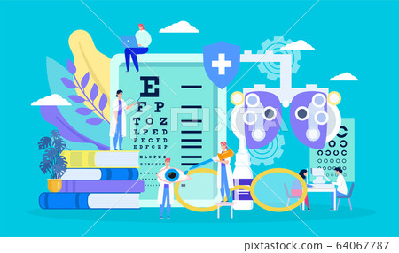 Ophthalmology, eye health vector illustration, cartoon tiny myopia patient character on examination checkup, optometry concept background 64067787