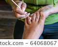 Step-by-step pedicure at home. Lift the cuticle from the nail using an orange stick or a manicure spatula. The concept of caring for toenails 64068067