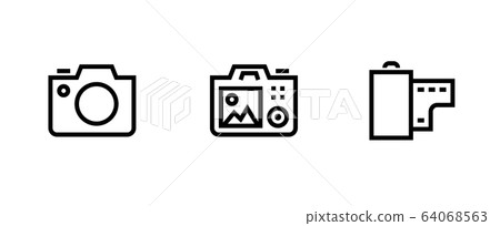 Set photo and video camera icon. SLR, Digital Pro and Film Roll symbol. Editable Line Vector. 64068563