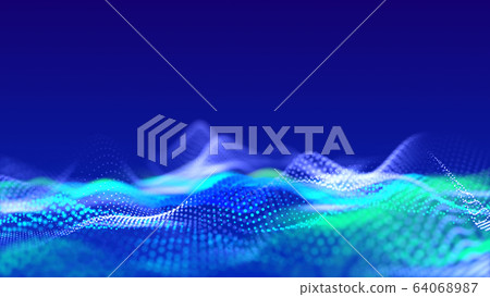 abstract blue background of glow particles form lines, surfaces as futuristic landscape in cyberspace or hologram. Sci-fi theme of microworld, nanotechnology or cosmic space. Depth of field bokeh 14 64068987