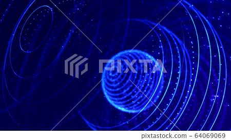 abstract sci-fi background with glow particles form curved lines, surfaces, hologram structures or virtual digital space. Deep blue motion design background of microworld or cosmic space. Spheres 9 64069069