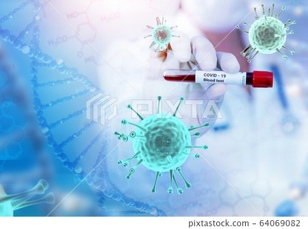 Covid-19 infected blood sample in vacuum tube in hand of scientist doctor in research laboratory Covid-19 infected blood sample in vacuum tube in hand of scientist doctor in research laboratory 64069082